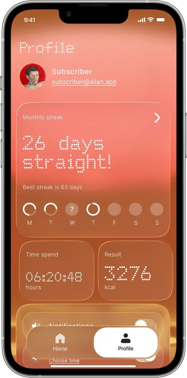 Profile screen showing a 26-day streak, time spent and calories